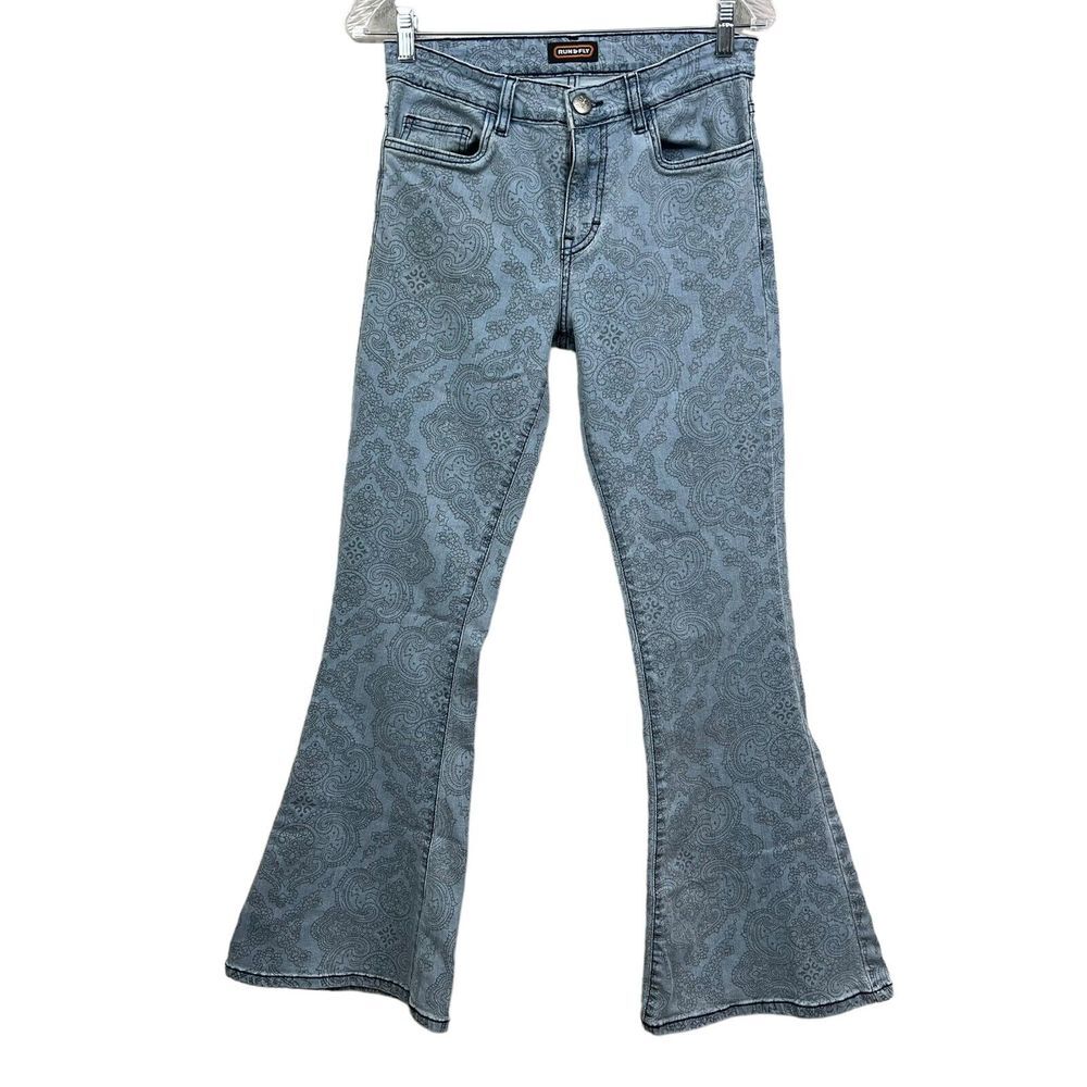 Run & Fly Womens Jeans Paisley Flared Stretch Hippie 5 Pocket Zip Blue Size 30R*